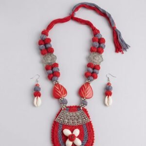 Bright Red & Dark Grey Colored Necklace with earrings
